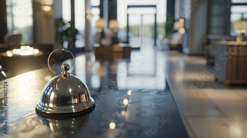 A polished silver bell sits on a sleek countertop in a stylish hotel lobby, capturing the sophisticated ambiance of the meticulously designed space.