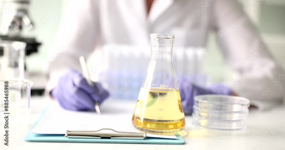 Woman writes down result of sunflower oil sample examination on clipboard. Glass flask with yellow liquid stands on table in scientific laboratory slow motion Woman writes down result of sunflower oil sample examination on clipboard. Glass flask with yellow liquid stands on table in scientific laboratory slow motion