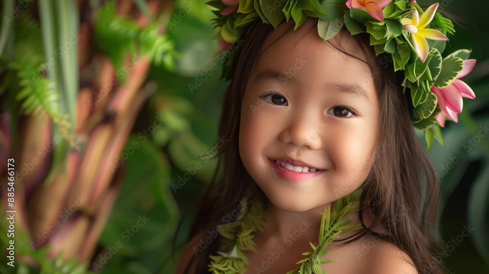 A child with a radiant smile wearing a floral lei, embodying innocence and joy surrounded by lush green plants. A child with a radiant smile wearing a floral lei, embodying innocence and joy surrounded by lush green plants.