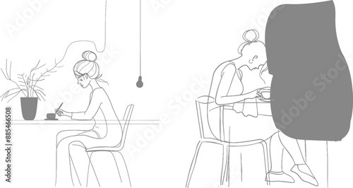 Drawing of a woman using her laptop at top view with a continuous one line line. Female office worker, designer hand drawn character.