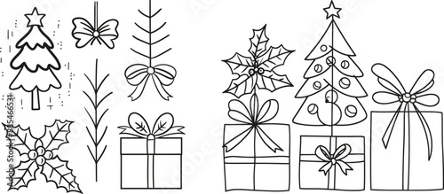 This is a one-line drawing of a Christmas tree and mistletoe. A modern continuous line design with a pleasing contour. This Christmas symbol can be used on a greeting card, a print, a poster, a