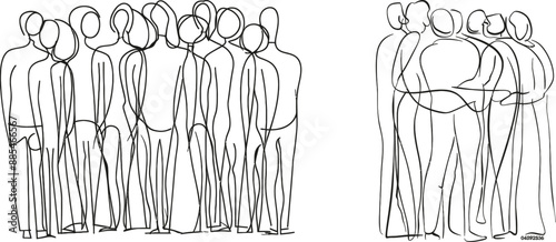 Continual one-line silhouette of a crowd of people in back view. Illustration in a modern style.