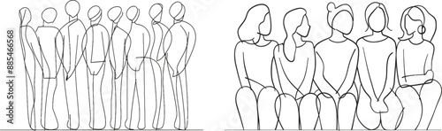 Hand drawn continuous line drawing of diverse people with minimalism. Modern man and woman in a group of five people of different ages and genders.
