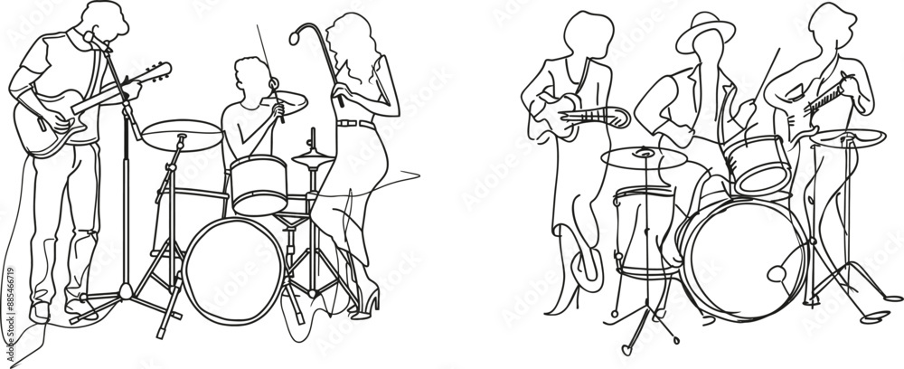 Obraz premium The simplicity contour linear style of this drawing shows a people group band composed of a singer, guitarist, and drummer. This is a contemporary illustration of a music festival concert. The