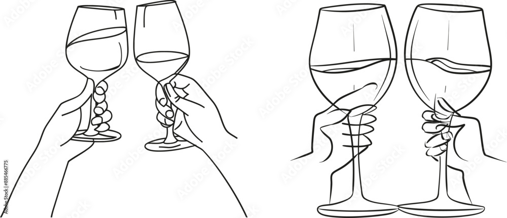 A continuous one-line drawing isolated on a white background. An outline contour sketch of champagne glasses. A continuous one-line drawing isolated on a white background. An outline contour sketch of champagne glasses.