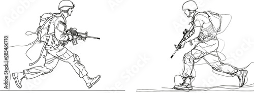 One line drawing of a soldier in an army uniform and holding a rifle. Continuous single line drawing of a military concept in a continuous manner with a single hand.