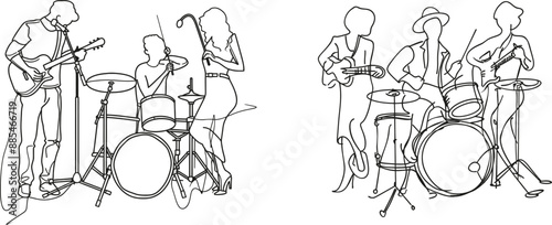 The simplicity contour linear style of this drawing shows a people group band composed of a singer, guitarist, and drummer. This is a contemporary illustration of a music festival concert. The