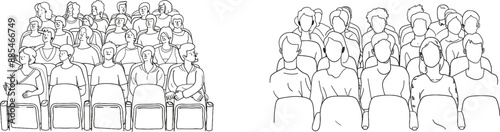 There are people seated in a cinema hall looking at the continuous one-line drawing on the screen in the back view.