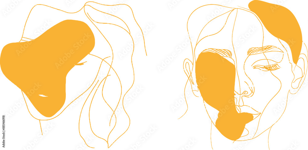 With minimal shapes and curved lines, this drawing depicts a female face. With minimal shapes and curved lines, this drawing depicts a female face.