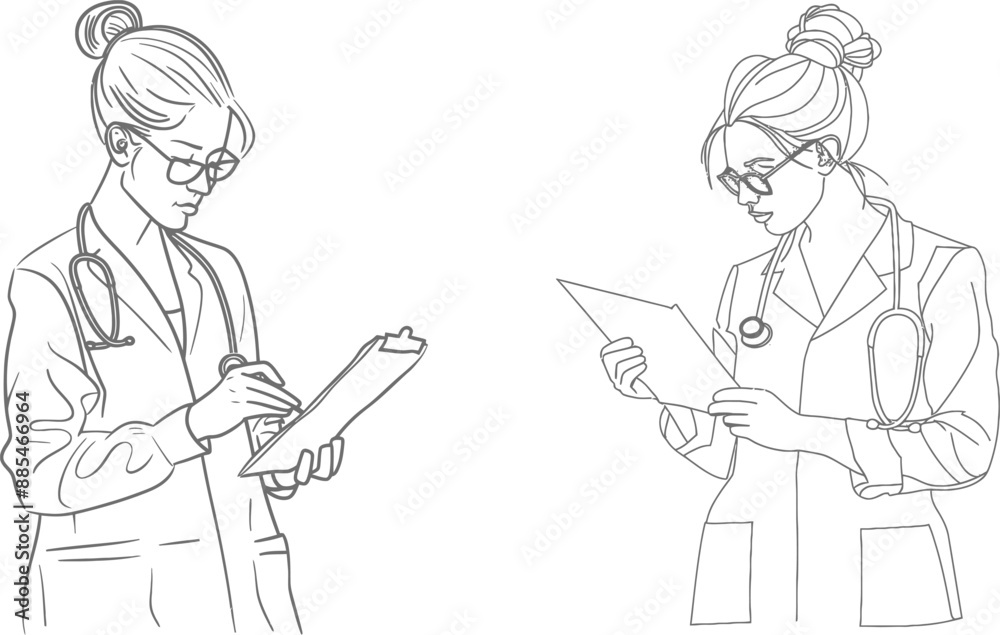 Drawing of young female doctor reading patient medical record on clipboard at hospital hallway. Medical health care concept continuous line sketch design modern illustration. Drawing of young female doctor reading patient medical record on clipboard at hospital hallway. Medical health care concept continuous line sketch design modern illustration.