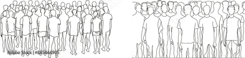 In the conference hall, creative man gives a talk to an audience, continuously drawing one line. Hand drawn modern silhouette. Crowd of people.