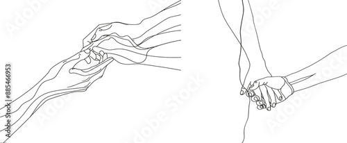 Three hands are holding each other. The power of harmony, union and friendship is expressed through the work of young people. Teamwork concept, unity at work. Modern illustration.