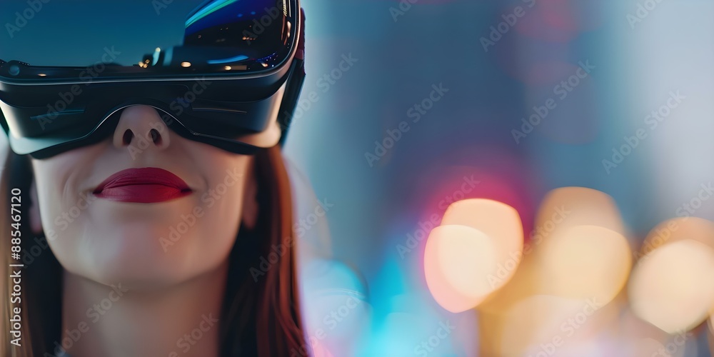 Happy woman in stylish sunglasses enjoying futuristic city lights in virtual reality. Concept Virtual Reality Experiences, Futuristic Technology, Urban Exploration, Fashionable Sunglasses Happy woman in stylish sunglasses enjoying futuristic city lights in virtual reality. Concept Virtual Reality Experiences, Futuristic Technology, Urban Exploration, Fashionable Sunglasses