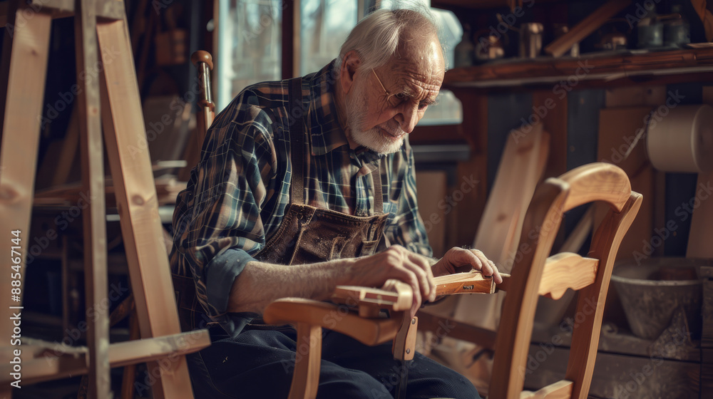 A passionate woodworker, deep in concentration, working on a wooden chair in a cozy, wood-filled workshop. A passionate woodworker, deep in concentration, working on a wooden chair in a cozy, wood-filled workshop.