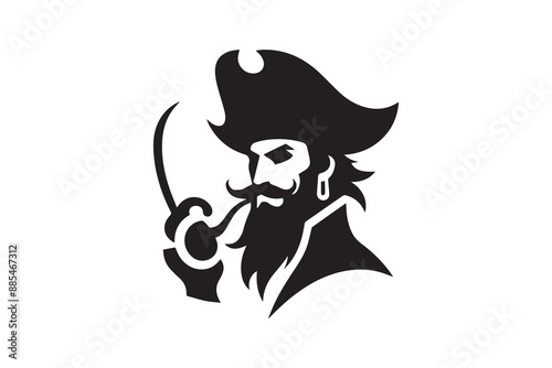 Pirate silhouette with sword, hat, and coat. Pirate Head Hat Beard Warrior Graphic Silhouette