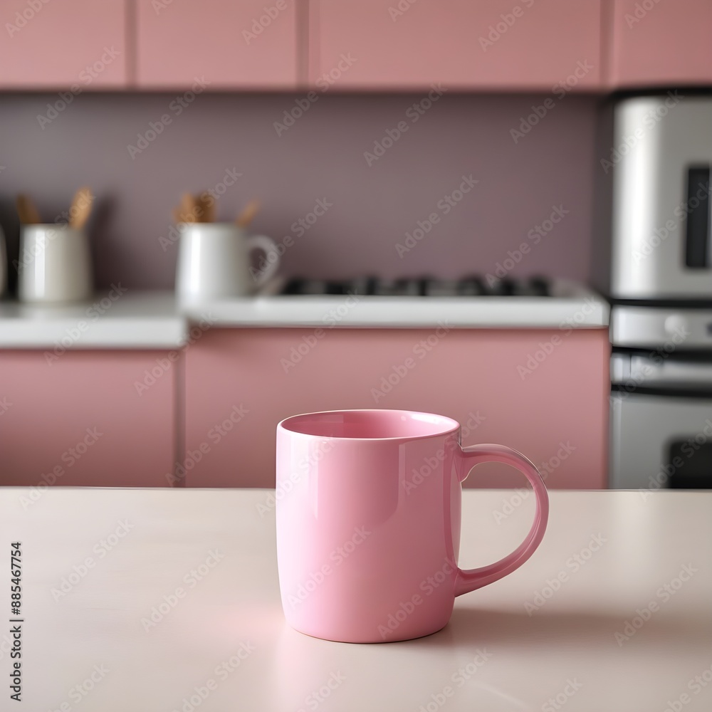 Pink ceramic coffee cup placed on a tabletop with a hazy kitchen background, copy space for custom designs or text Pink ceramic coffee cup placed on a tabletop with a hazy kitchen background, copy space for custom designs or text