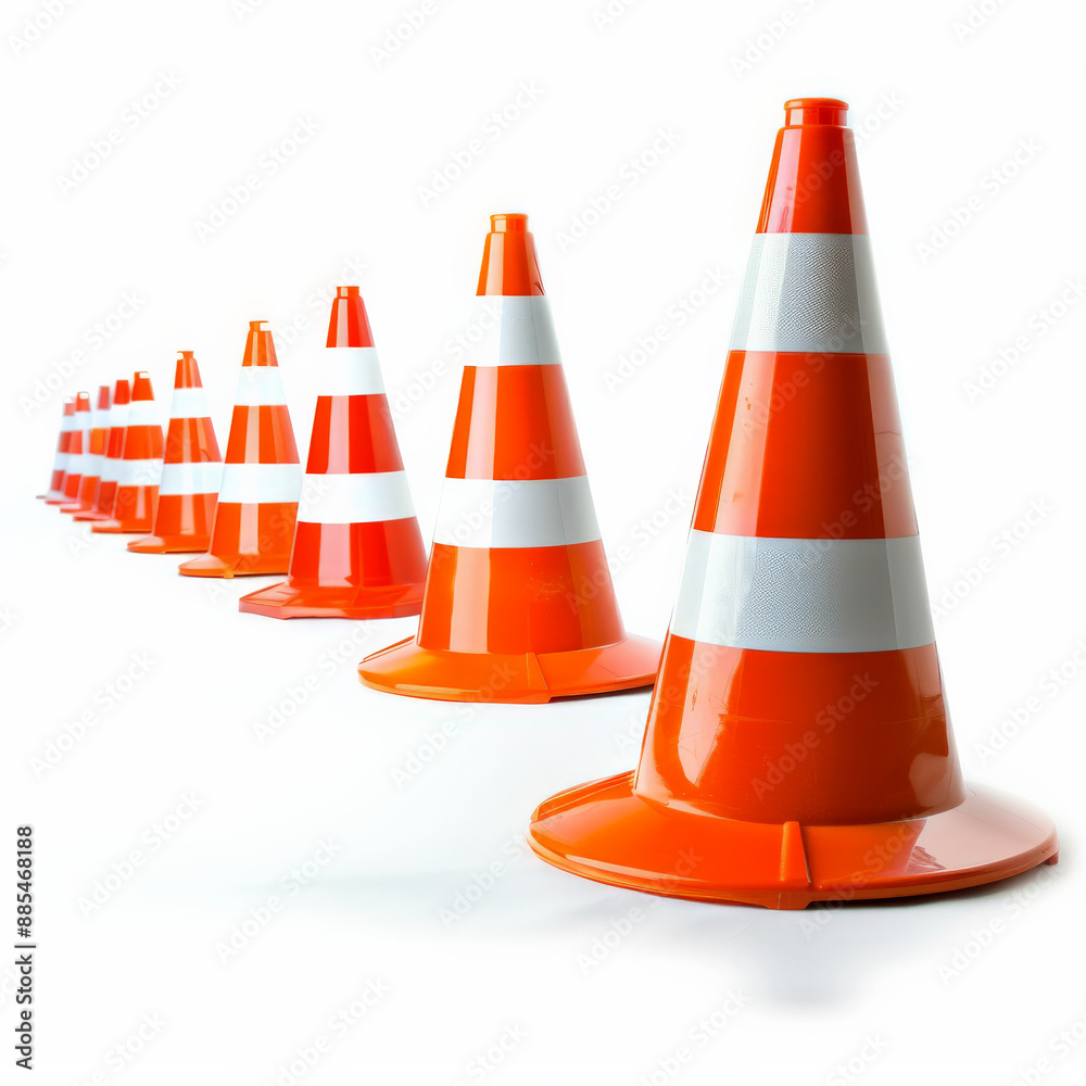 A series of orange and white traffic cones forming a barricade, isolated on white background A series of orange and white traffic cones forming a barricade, isolated on white background