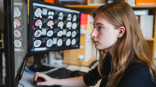 A doctor reads a scan of a patient's brain on a computer screen. photo