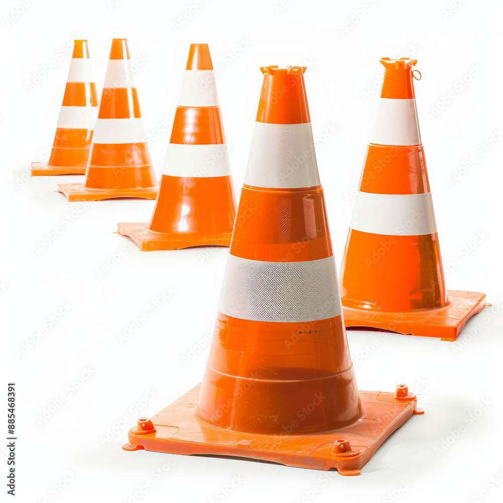 A series of orange and white traffic cones forming a barricade, isolated on white background A series of orange and white traffic cones forming a barricade, isolated on white background