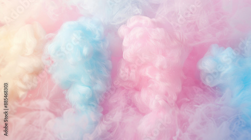 Wisps of pastel-colored cotton candy clouds create an ethereal and whimsical atmosphere, blending light pink, blue, and yellow hues seamlessly. © VK Studio