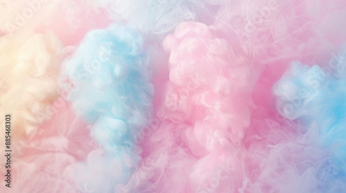 Wisps of pastel-colored cotton candy clouds create an ethereal and whimsical atmosphere, blending light pink, blue, and yellow hues seamlessly.