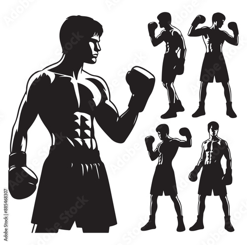 
A boxer stands with pose vector silhouette Isolated vector on white Background.