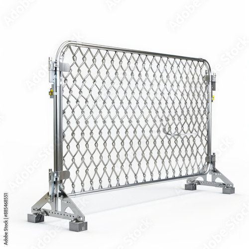 A metal crowd control barricade with interlocking panels, isolated on white background