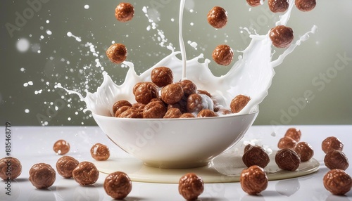 plate with round cereals with a splash of milk on a gray background. Breakfast concept for children.
