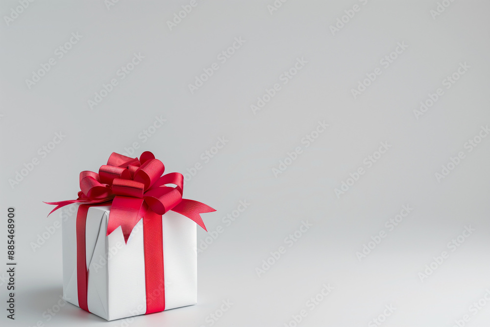 White gift box with red bow on white background. Gift. White gift box with red bow on white background. Gift.
