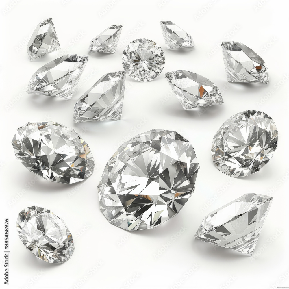 A set of diamonds in various cuts and sizes, arranged in a visually appealing pattern, isolated on white background