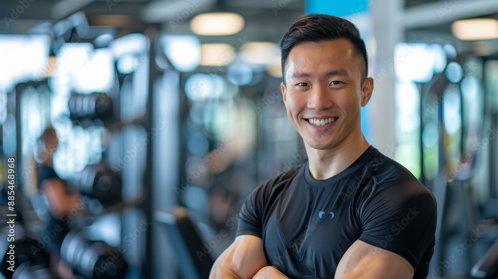 Confident young man in a gym, smiling and standing with arms crossed against a backdrop of fitness equipment. Confident young man in a gym, smiling and standing with arms crossed against a backdrop of fitness equipment.