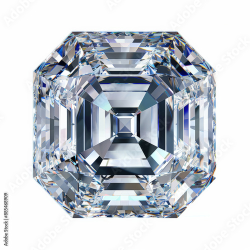 A brilliant asscher-cut diamond with a square shape and step-cut facets, reflecting light uniquely, isolated on white background photo