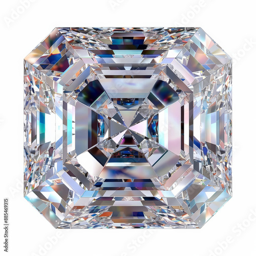 A brilliant asscher-cut diamond with a square shape and step-cut facets, reflecting light uniquely, isolated on white background photo