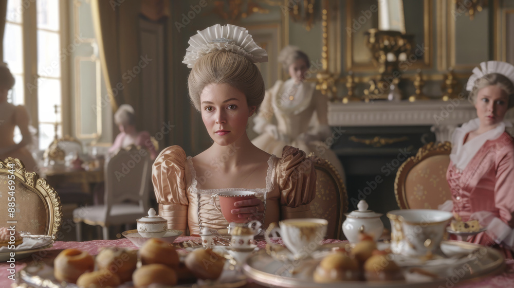 A finely-dressed woman in historical attire enjoys tea in an opulent room, surrounded by pastries and fine china, evoking a bygone era of elegance.