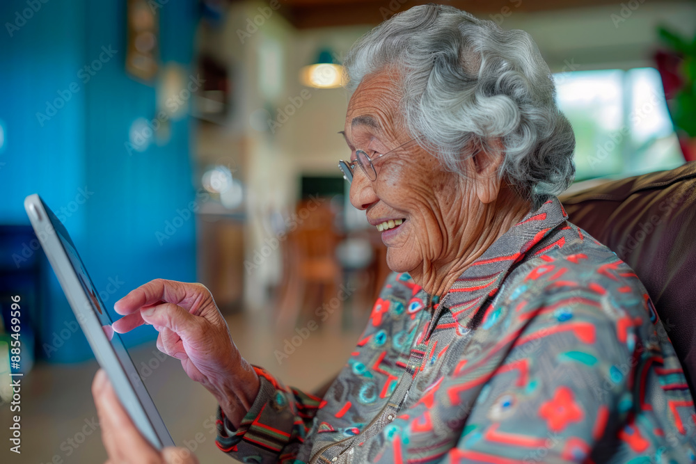 Smiling gray haired Asian senior woman sitting on sofa in living room browsing wireless internet on tablet, relaxing on sofa at home using tablet, senior people technology concept Smiling gray haired Asian senior woman sitting on sofa in living room browsing wireless internet on tablet, relaxing on sofa at home using tablet, senior people technology concept