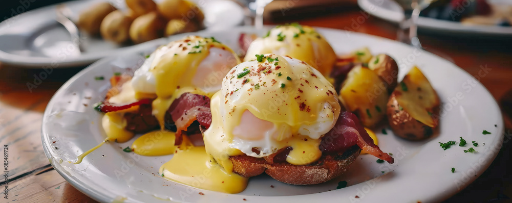 A decadent eggs Benedict with perfectly poached eggs, Canadian bacon, and hollandaise sauce on an English muffin, served with a side of roasted potatoes. A decadent eggs Benedict with perfectly poached eggs, Canadian bacon, and hollandaise sauce on an English muffin, served with a side of roasted potatoes.