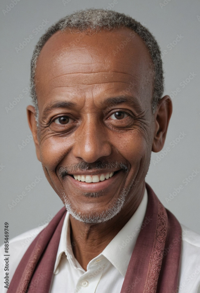 Portrait view of a regular happy smiling Djibouti old man, ultra realistic, candid, social media, avatar image, plain solid background Portrait view of a regular happy smiling Djibouti old man, ultra realistic, candid, social media, avatar image, plain solid background