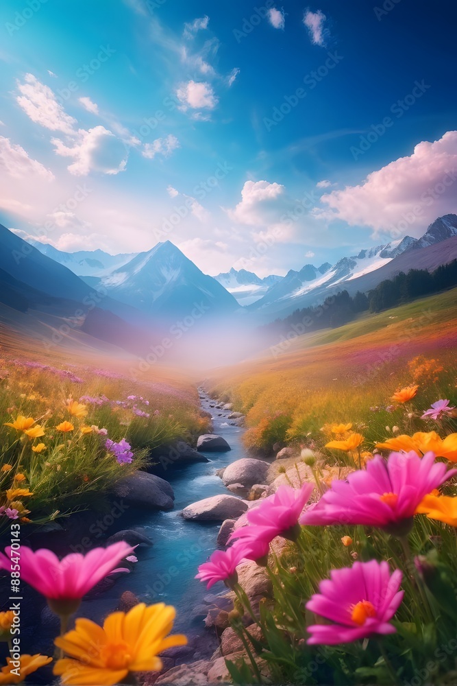 Fototapeta premium Beautiful Nature Mountain Scenery With Flowers 