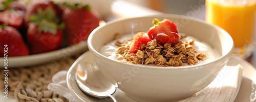 A light and refreshing breakfast with a bowl of Greek yogurt topped with granola, honey, and fresh strawberries, served with a glass of orange juice.