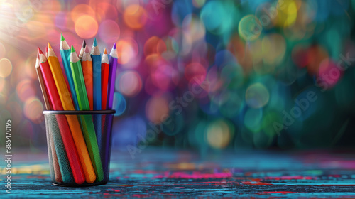 pencils, crayons in a glass against colorful blurred background.