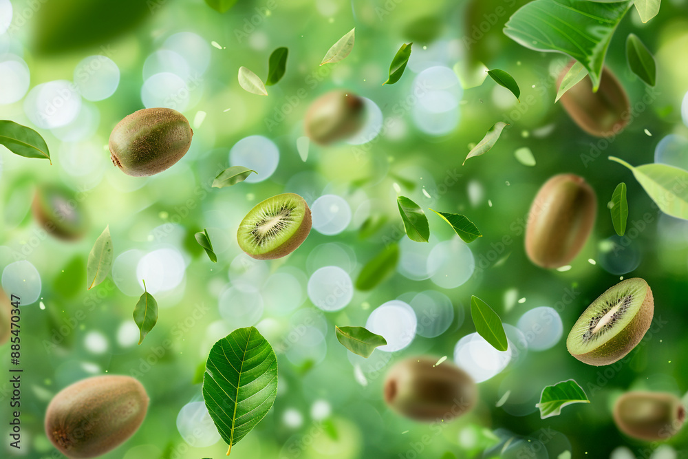 Falling kiwi fruit pattern on a green bokeh background flying leaves and whole green fruits Falling kiwi fruit pattern on a green bokeh background flying leaves and whole green fruits