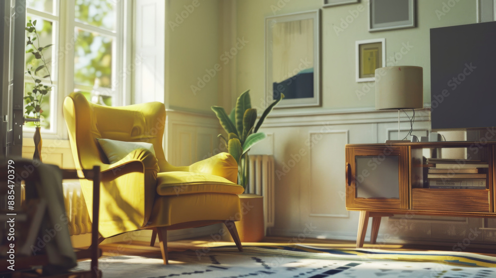 Fototapeta premium A cozy, sunlit living room with a yellow armchair, potted plants, and retro wooden furniture, creating an inviting, serene atmosphere.