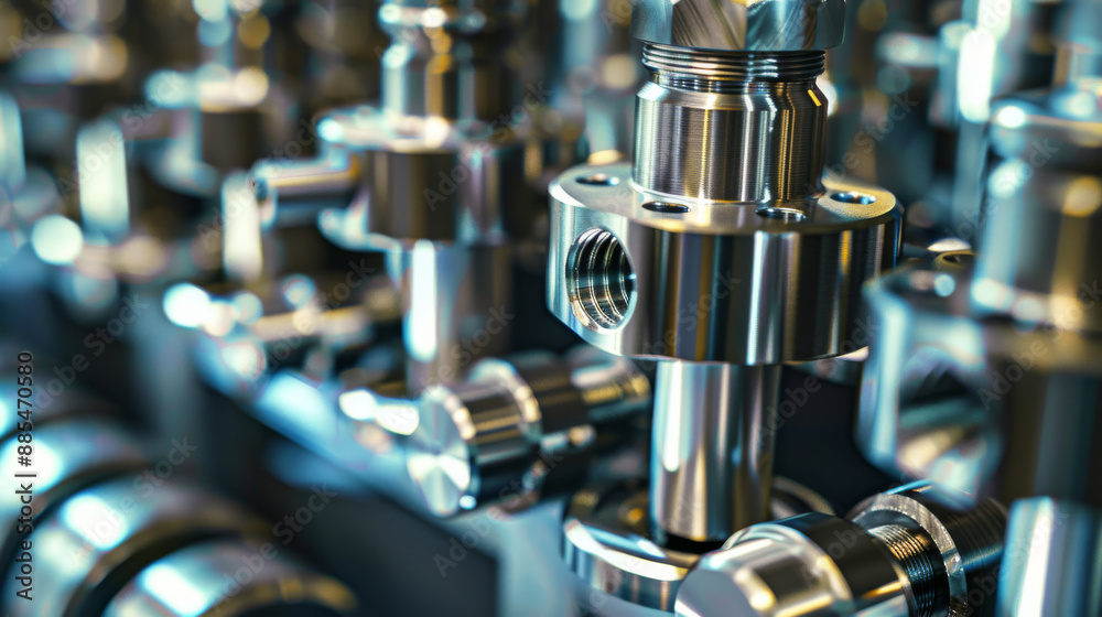 Close-up of polished metal components in a factory setting, showcasing precision engineering and modern manufacturing. Close-up of polished metal components in a factory setting, showcasing precision engineering and modern manufacturing.
