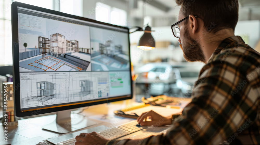 An architect intently works on 3D designs on a large computer monitor within a spacious, well-lit office, reflecting creativity and precision. An architect intently works on 3D designs on a large computer monitor within a spacious, well-lit office, reflecting creativity and precision.