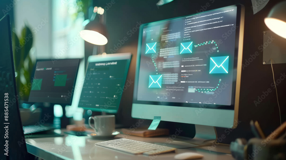 A modern workspace with multiple computer screens displaying email interfaces, a cup of coffee on the desk, and a lamp, conveying a productive environment. A modern workspace with multiple computer screens displaying email interfaces, a cup of coffee on the desk, and a lamp, conveying a productive environment.