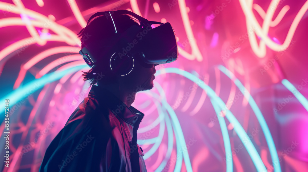 A person engrossed in a virtual reality experience, surrounded by bright neon lights and swirling patterns, capturing the essence of a futuristic realm. A person engrossed in a virtual reality experience, surrounded by bright neon lights and swirling patterns, capturing the essence of a futuristic realm.