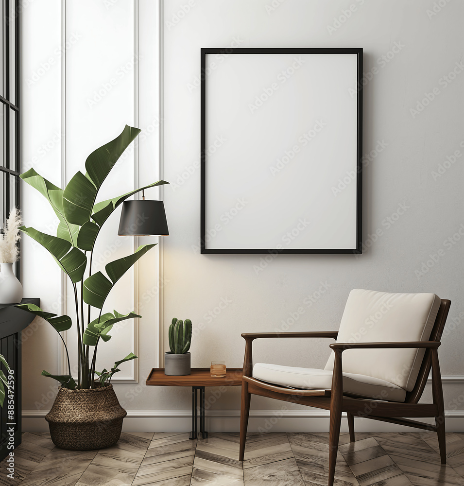 Modern Reading Corner with Armchair and Blank Picture Frame