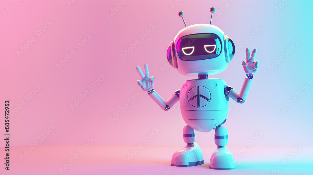 Naklejka premium A charming robot making peace signs, with a playful expression against a pastel-colored background.