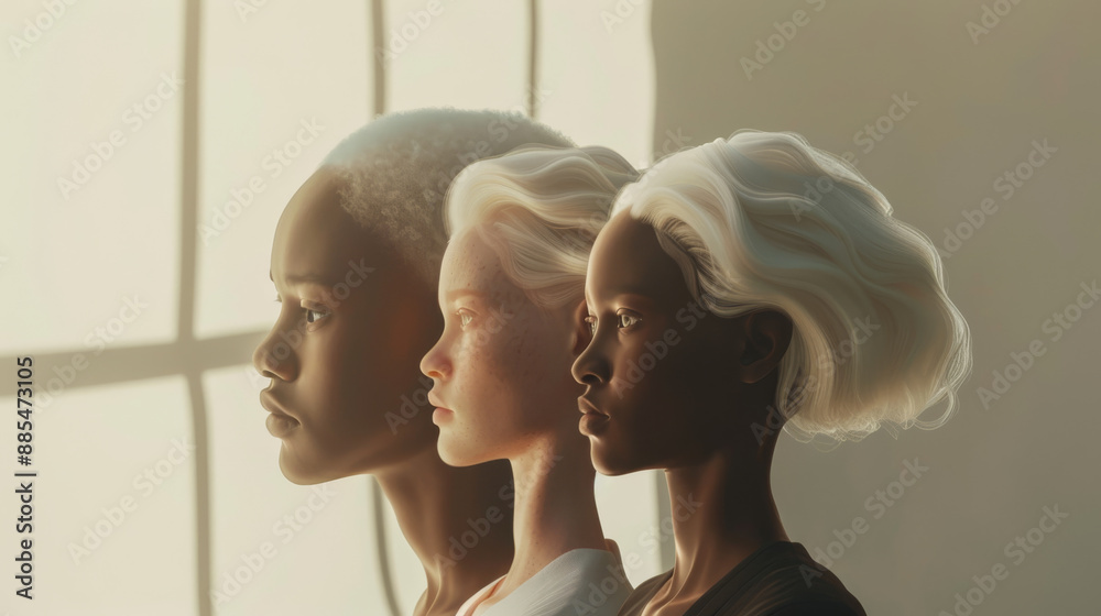 Fototapeta premium Three abstract profiles of women in different light and shadow, representing diversity and artistic expression in a serene setting.