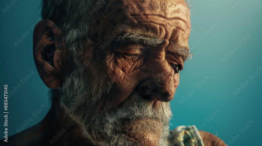 Close-up portrait of an elderly man with closed eyes, revealing deep lines and a contemplative expression, highlighting wisdom and age. Close-up portrait of an elderly man with closed eyes, revealing deep lines and a contemplative expression, highlighting wisdom and age.